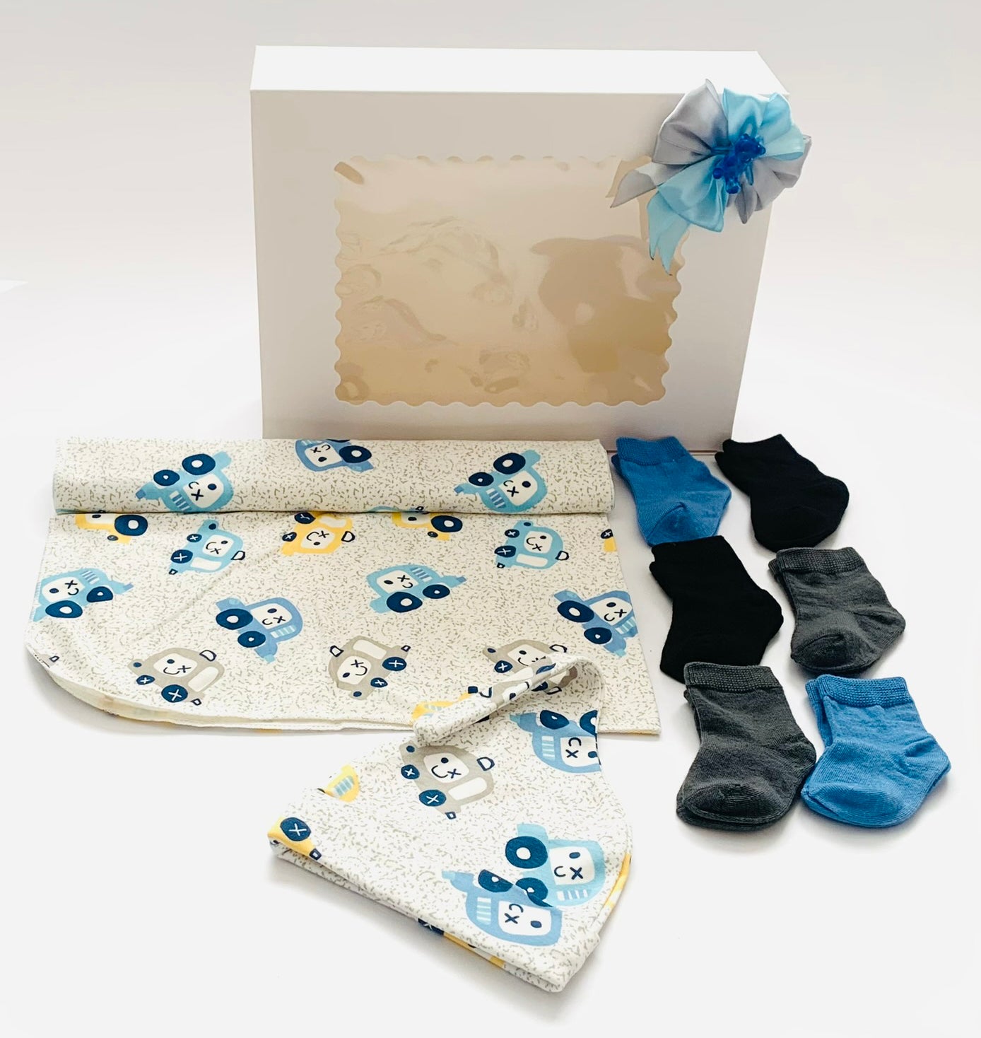 Baby Boy Swaddle With Hat & Socks Gift Box