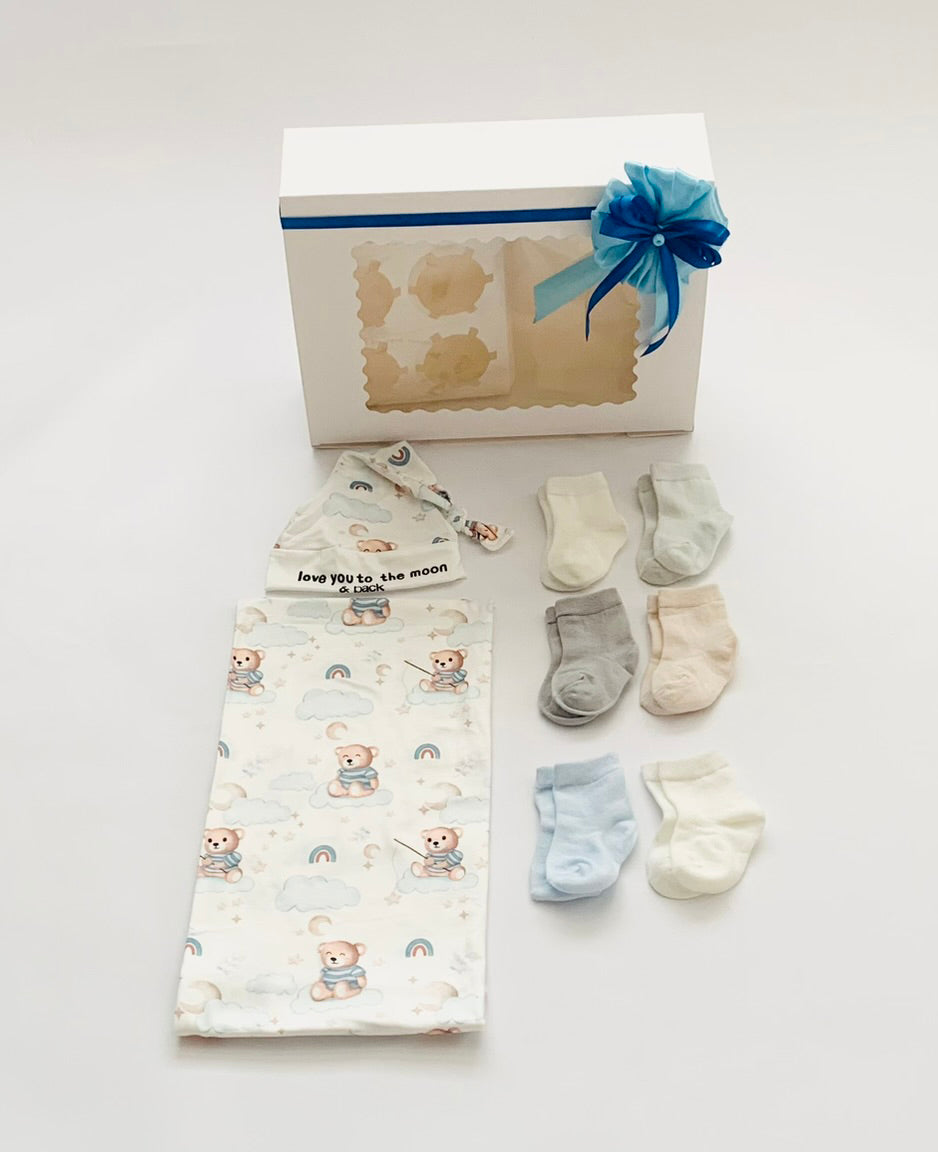 Baby Boy Swaddle With Hat & Socks Gift Box